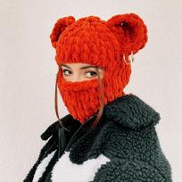 Hand-Knitted Plush Devil Horn & Rabbit Ears Hat with Built-In Face Mask One Size (Stretchable)