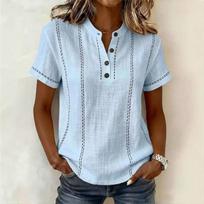 Women's Stand Collar Short Sleeve Loose Fit Stitch Detail Solid Color Blouse Casual Daily Wear Tunic Tops S šviesiai mėlyna spalva
