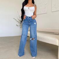 Women's High-Waist Ripped Raw Edge Wide-Leg Jeans - European & American Style, Comfortable, Long Length Extra Large