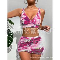 Sexy 3 Pieces Bikinis Swimsuit for Women 2024 Thong Bikini Set Tie Dye with Skirt Cover Up Swimwear Female Beach Bathing Suit S rožinė raudona spalva
