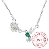 925 Sterling Silver Lovely Branch Green Bird Choker Pendant Necklace for Women CZ Zircon Pretty Necklace Wedding Party Jewelry