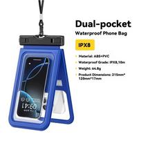 Essager IPX8 Dual-pocket Waterproof Phone Case for iPhone16 15 14 13 Floating Dry Bag for Snorkeling Beach Swim Universal Cover mėlyna