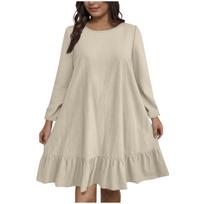 Women's Plus Size Casual Fashion Color Round Neck Long Sleeves Dress L smėlis