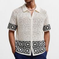 Men's Summer Sexy Cool Hollow Breathable Shirt Summer Casual Knitted Short-sleeved Lapel Shirt L balta