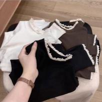 Coffee Stand-Collar German Velvet Lace Shirt for Women - Semi-High Collar, Winter Plus Velvet Long-Sleeved Designer Top S juoda