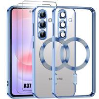 Case for Samsung Galaxy A37 5G, Silicone with Magnetic Ring - Blue - 2 Tempered Glasses mėlyna