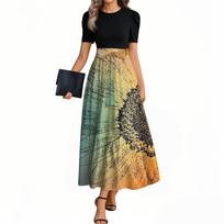 Women's Fashion Casual Belt Short Sleeve Round Neck Vintage Floral Splicing Elegant Temperament Dresses XL