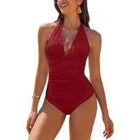 European and American Solid Color One-piece Bikini Sexy Deep V One-piece Swimsuit Strap Neck Solid Color Swimsuit S raudona