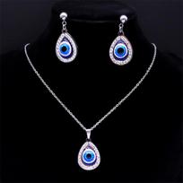 Lucky Turkish Eye Pendant Drop Earrings Chain Necklace Stainless Steel Greek Evil Blue Eye Jewelry Set for Women Christmas Gift