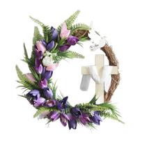 Faux Flowers Easter Tulip Cross Wreath Artificial Colorful Design Front Gate Wreath Handmade Door Hanger Holiday Display violetinė
