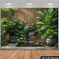 2D Green Jungle Waterfall Backdrop Wooden Fence Photography Background 47.2x31.5inch/120*80cm