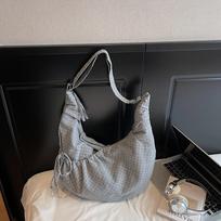Korean Ins Lazy Style Cow Horn Bag Large Capacity Canvas Bag Pleated Plaid Commuting Shoulder Crossbody Bag for Women