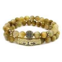 10mm Rhinestone Ball & Bent Tube Golden Tiger Eye Bracelet Set