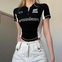 American Style Contrast Stitching Slim Fit Round Neck Zip Crop Top for Women Extra Large juoda