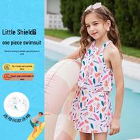 ABC KIDS Girls' Two-Piece Swimsuit with Cap 130 gėlių rašto spalva