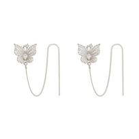 Bling Full Rhinestone Butterfly Ear Clip Drop Earrings 2Pcs Anti-Lost Jewelry for  Music Festival Wear Silver