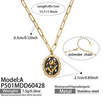 European-American Tulip Drip Oil Imitation Pearl Oval Pendant Necklace, 18K Gold-Plated Stainless Steel