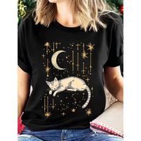 Celestial Sleeping Cat Moon Stars Graphic T-Shirt Women’s Short Sleeve Mystical Night Sky Print for Daily Wear S