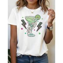 Retro Skeleton Hand Margarita T-Shirt Y2K Checkerboard Lightning Bolt Cocktail Print Tee Soft Short Sleeve S