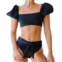 2Pcs/Set Women Bikini Set Square Collar Puff Short Sleeve Bra Lace-up Tummy Control Swimming Briefs Set Bathing Suit S juoda