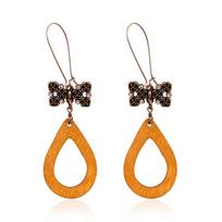 European Retro Wooden Water Drop Earrings with Bow Clips and Turquoise Accents