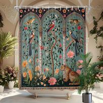 Persian style vibrant bird shower curtain floral design with 12 hooks machine washable bathroom decorative shower curtain (as the picture,W90xH180cm)