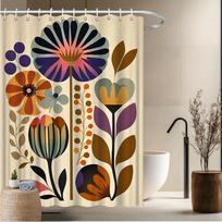 Mid-Century Modern Shower Curtain – Abstract Floral Art with Bold Colors, Retro Botanical Design Includes Hooks 70.8×70.8 Inches (as the picture,90x180cm35x71in)