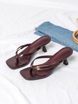 2026 New Metal Buckle Square Toe Thong High Heel Slides for Women 37
