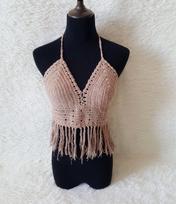 Handmade Crochet Tassel Bikini Top & Sun Protection Beach Cover-up Swimwear One Size chaki