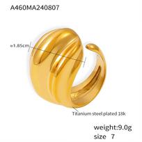 French Striped Water Drop Open Ring: Retro Titanium Steel with 18K Gold Plating Size 8