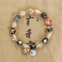 Black and Gold Foil Ping An Buckle Fu Flower Bead Bracelet with Ash Glaze Liuli