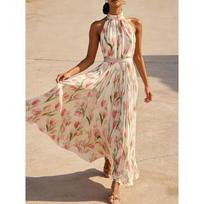 Women's Sleeveless Halter Neck Tulip Print Maxi Dress White S