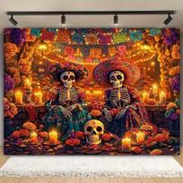 2D Dia de los Muertos Skeleton Backdrop with Colorful Papel Picado 47.2x31.5inch/120*80cm