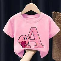 Kirby New T-shirt for Children Anime Letter A-Z Tee Top Kawaii Cartoon Round Collar Clothes Kids Pink Short Sleeve Clothing Gift 110
