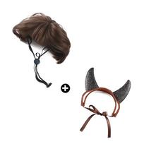 Žavingas Helovino augintinio kostiumų rinkinys su juodais ragais ir mielais rudais trumpais perukais šunims ir katėms Black Horn Brown Cat