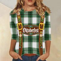 Women's Casual Three Quarter Sleeve Oktoberfest Print Round Neck Top Lightweight Comfortable Fit for Seasonal Events and Everyday Wear S