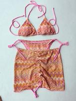 European American Knit Bikini Skirt Set - Bohemian Stripes, Three-Piece Women's Swimwear vidutinė spalva