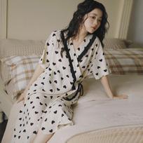 2026 Summer Kimono Maternity Nightdress - Crinkle Cotton, Postpartum Mid-Length, Short Sleeve Nursing Dress Double Extra Large