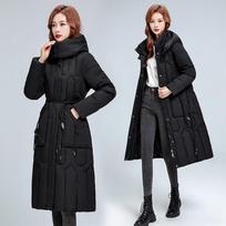 Moteriškas plius dydis vienspalvis medvilninis paltas žieminis iki kelių pastorintos medvilnės striukė su gobtuvu ilga striukė L juoda