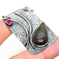 Ruby in Fuchsite, Pink Rubillite Ethnic 925 Sterling Silver Pendant 2.36  O0U32