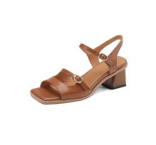 Fashion 2025 New Summer Sandals Women Square Toe Shoes Chunky Heel Open Toe Retro Sandals for Women Handmade Split Leather Women Sandals 34 ruda