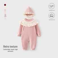 Newborn Baby Girl Knit Sweater Onesie - Autumn/Winter Princess Style Full Moon Bodysuit for 100 Days Celebration 80 cm
