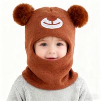 Kids' Autumn/Winter Pom-Pom Wool Hat with Ear Protection – Velvet-Lined, Windproof, Cute and Trendy for Boys and Girls karamelinė spalva