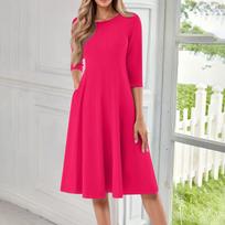 Women's Casual Fashion Round Neck Three Quarter Sleeve Color Midi Dress L
