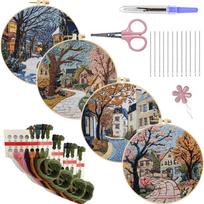 4 Pack Stamped Cross Stitch Kits with Embroidery Hoop Needles Threads Instruction Embroidery Kit Cross Stitch Set for Beginners
