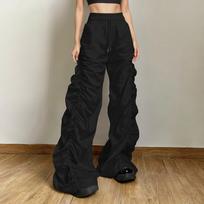 Women's Solid Color Baggy High-waisted Hip Lift Pleated Baggy Lace-up Casual Cargo Pants L