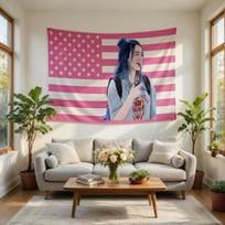 Viral Billie Eilish Blue Hair Tapestry Pink American Flag  Premium Flat Print Wall Hanging Decor 74x94cm(29x37in)