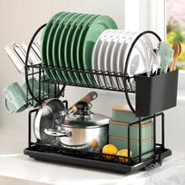 niffgaff 2-Tier Black Dish Drying Rack for Kitchen Countertop - Stainless Steel Dish Drainer with Drip Tray, Draining Board & Utensil Holder