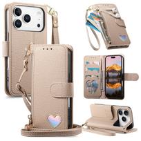 For iPhone 17 16 15 14 13 12 Pro Max Wallet Case - Zipper Purse with 3 Card Slots, Stand & Wrist Strap, Cute Shockproof Cover For iPhone 12 chaki