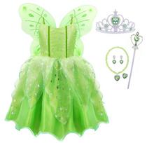 [Axaxa] Tinkerbell Dress (Butterfly Fairy Costume + Butterfly Wings) 7-Piece Set Tinkbell Fairy Girl Princess Dress Children's Cosplay Flower Fairy